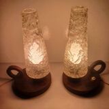 Paire de lampes de table anciennes verre et bois