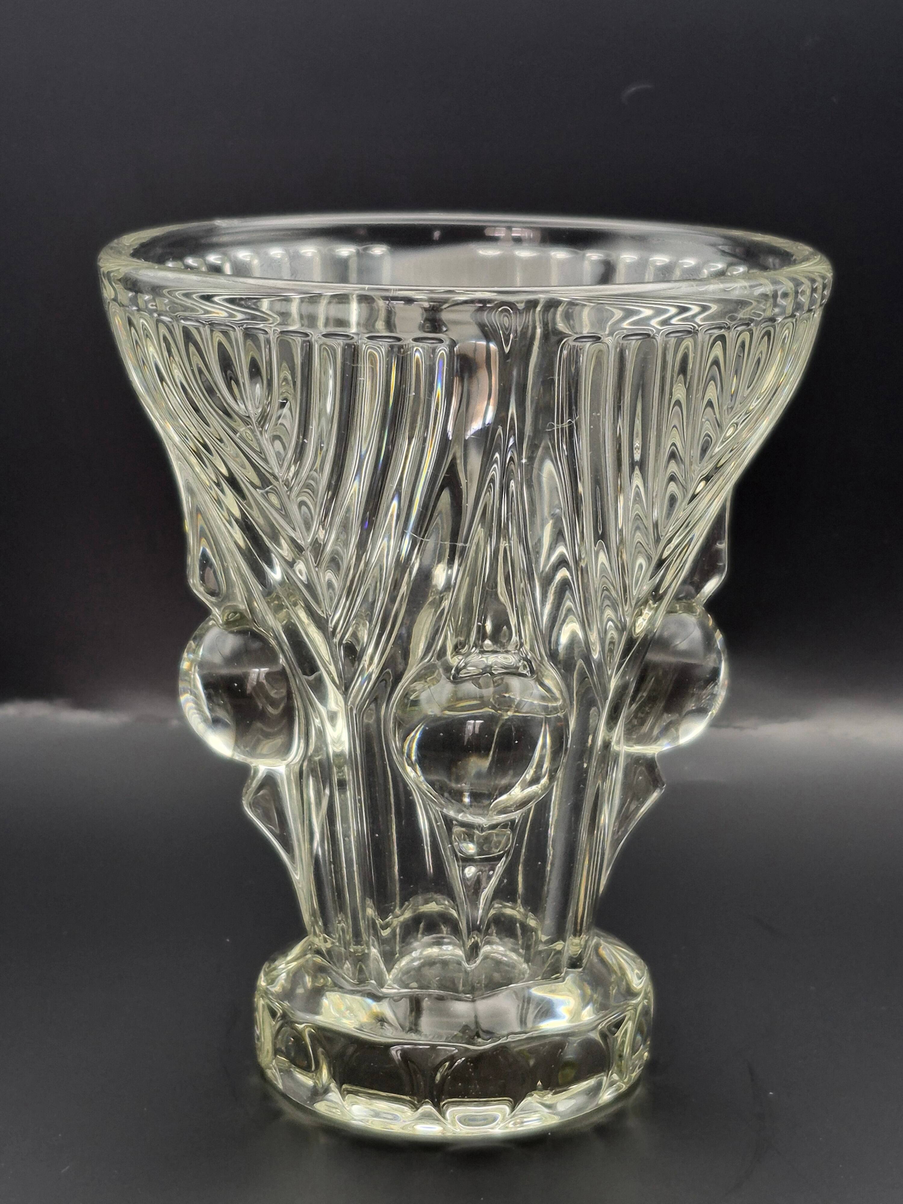 Vintage thick moulded glass/crystal vase Sculptural design Art Deco