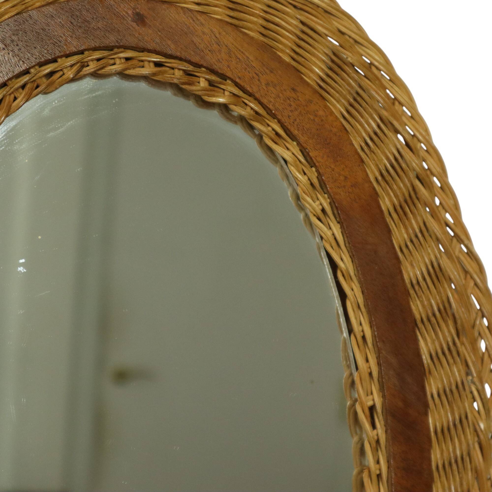 Oval Vintage Mirror Rattan and Teak Boho Style Fifties 51cm