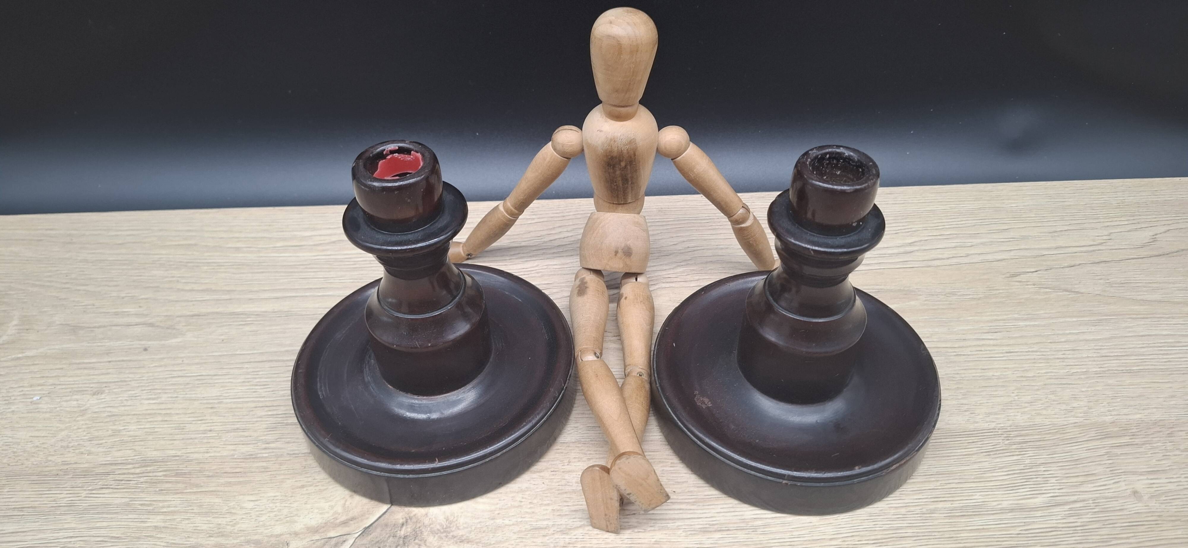 Pair of English turned wooden candlesticks