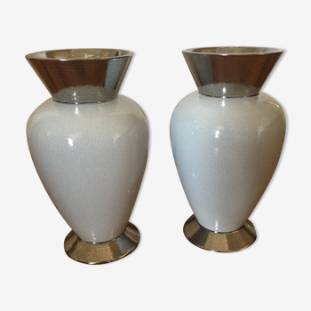 Pair of white and silver vases style cracked enamel