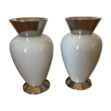 Paire de vases blanc et argenté style émail craquelé