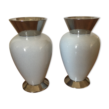Pair of white and silver vases style cracked enamel