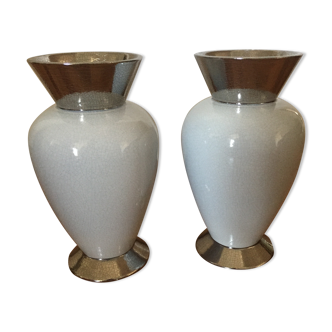 Pair of white and silver vases style cracked enamel