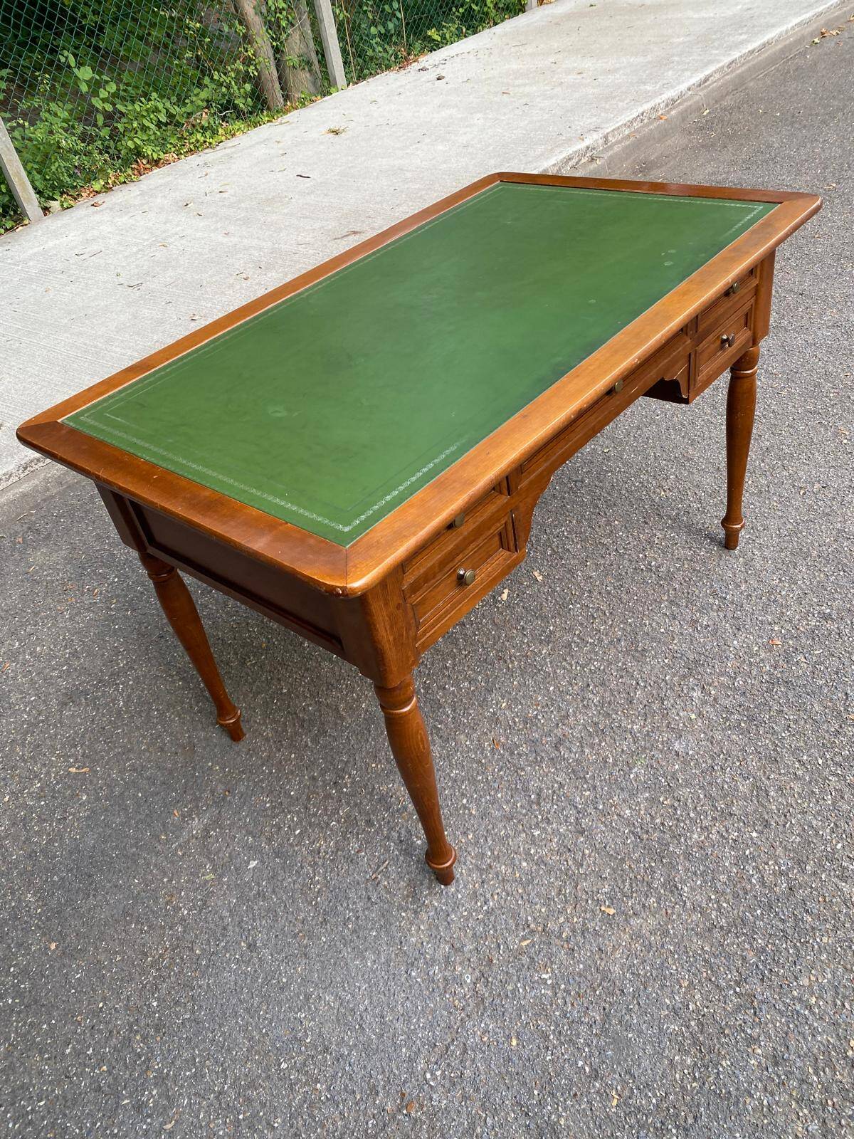 Louis XVI style desk in solid wood and green leather, 1970.