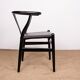 4 Danish chairs, black lacquered wood and leather, Wishbone model, Hans Wegner