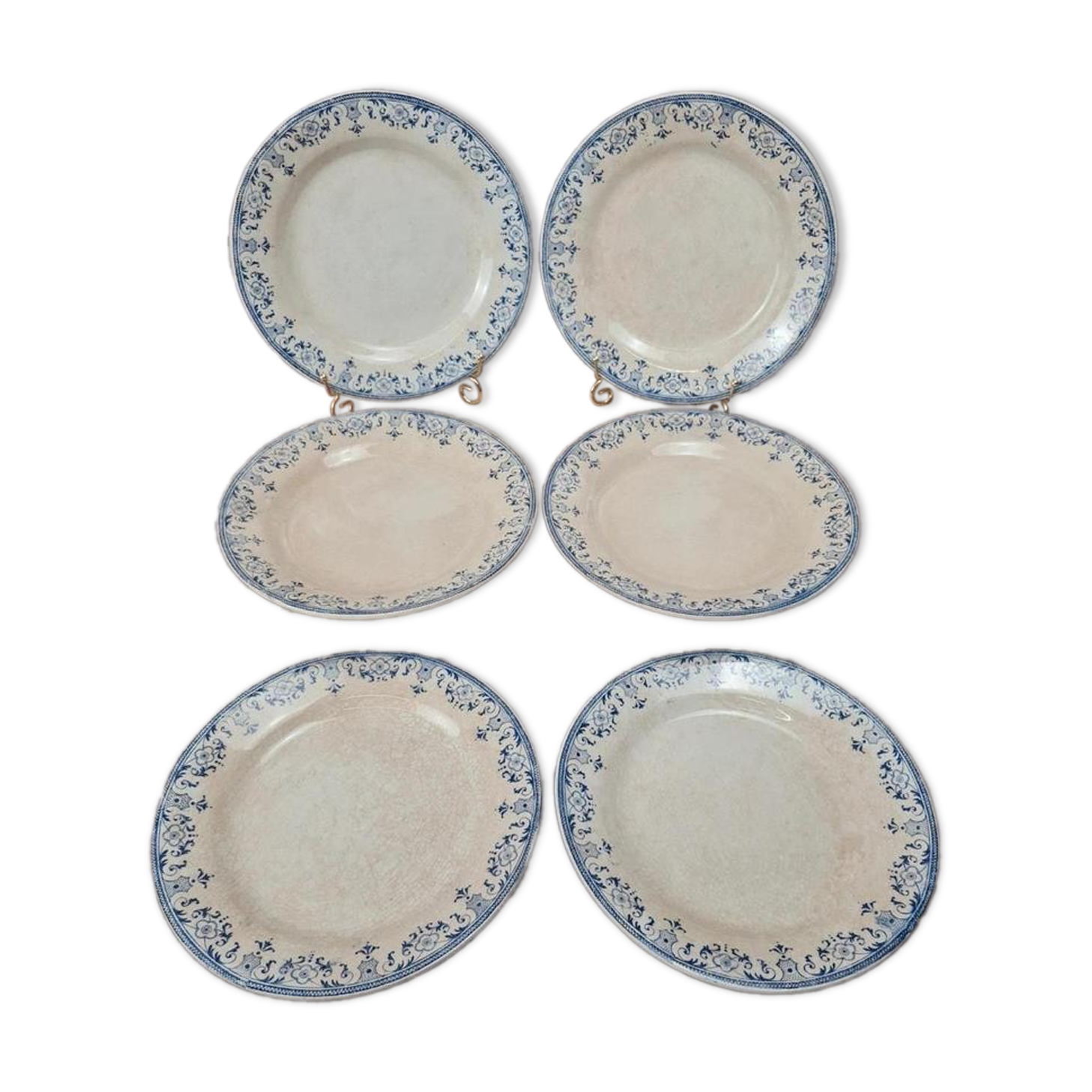 Set of 6 antique flat plates from Creil and Montereau, La Vallières service, 23 cm