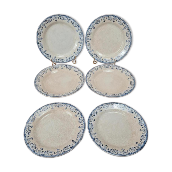 Lot de 6 assiettes plates anciennes Creil et Montereau, service La Vallières, 23 cm