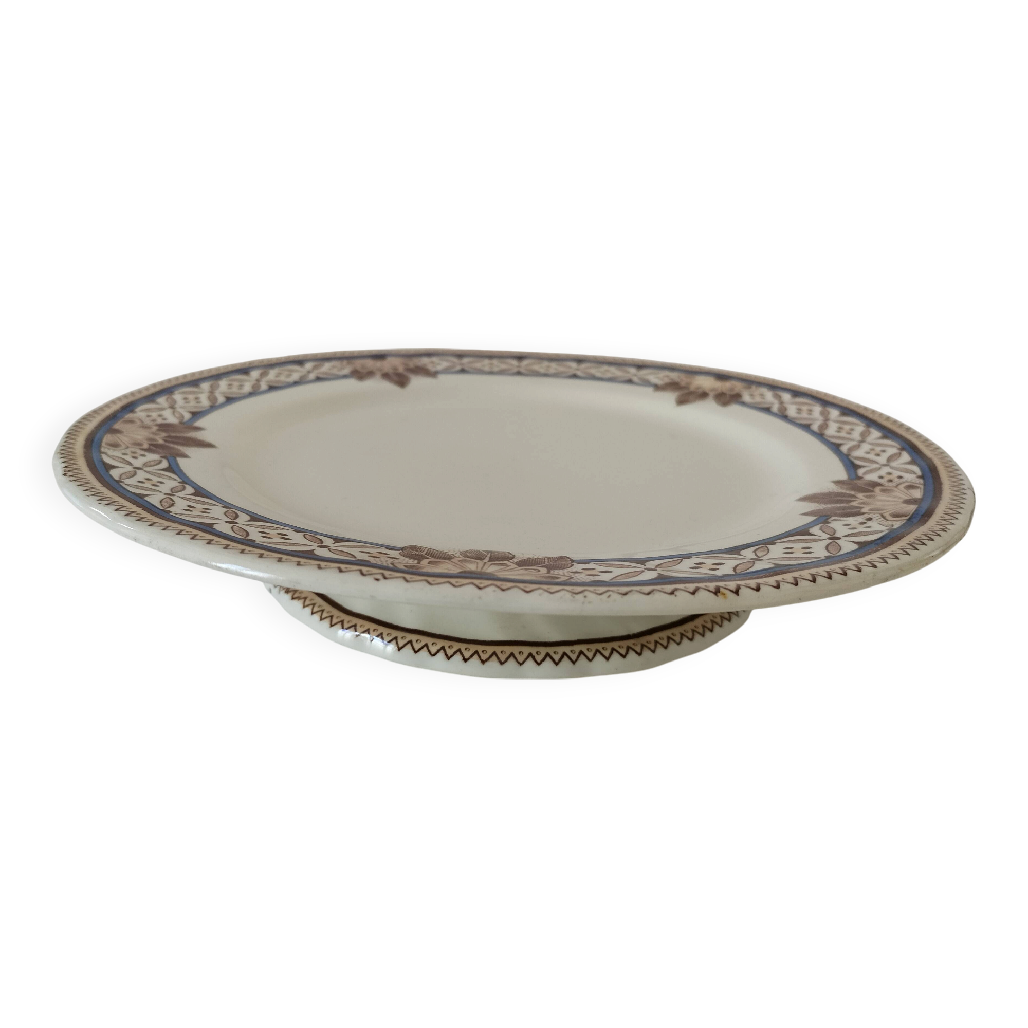 Dish on pedestal Creil & Montereau Mauresque blue brown