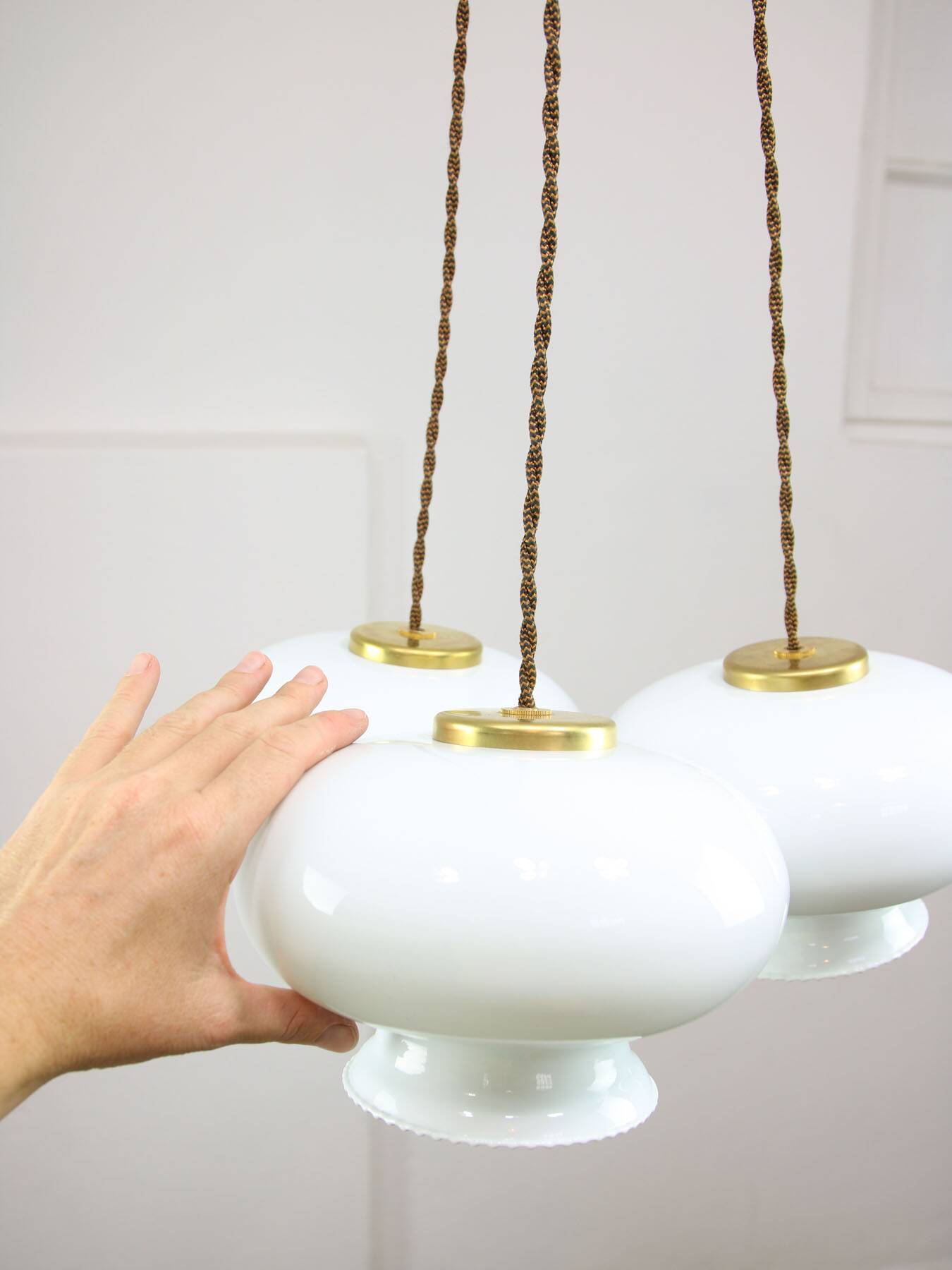 Mid-Century Italian Opaline Glass & Brass Pendant Lamp, set of 3