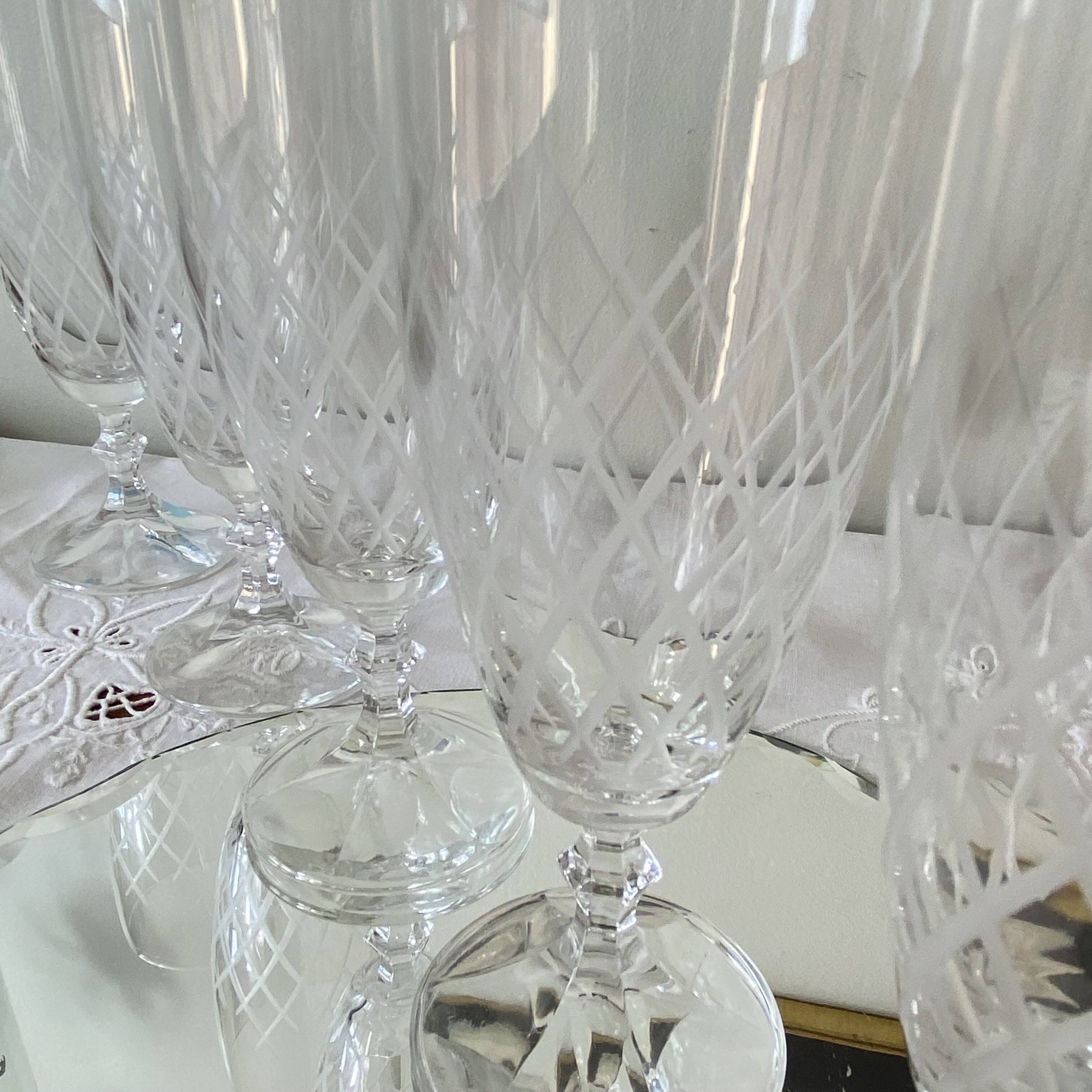 6 engraved antique champagne flutes