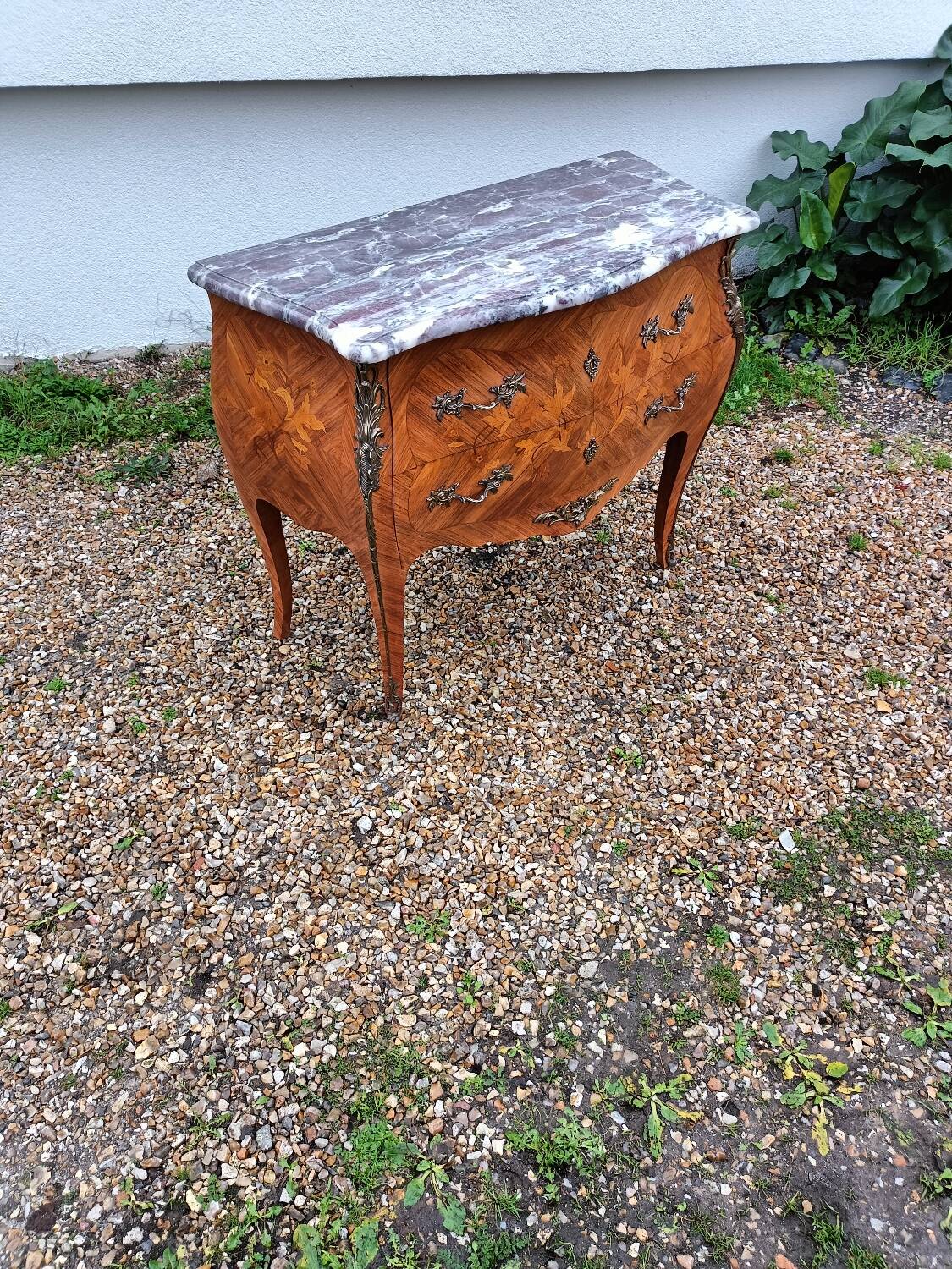 Old marquetry chest of drawers, Louis XV style marble top