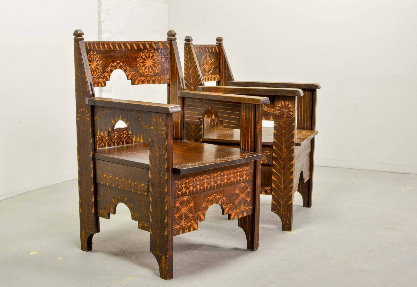 Set of Middle East Design Carved Wooden Moorish Decorated Side Chairs 1950s
