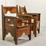 Set of Middle East Design Carved Wooden Moorish Decorated Side Chairs 1950s