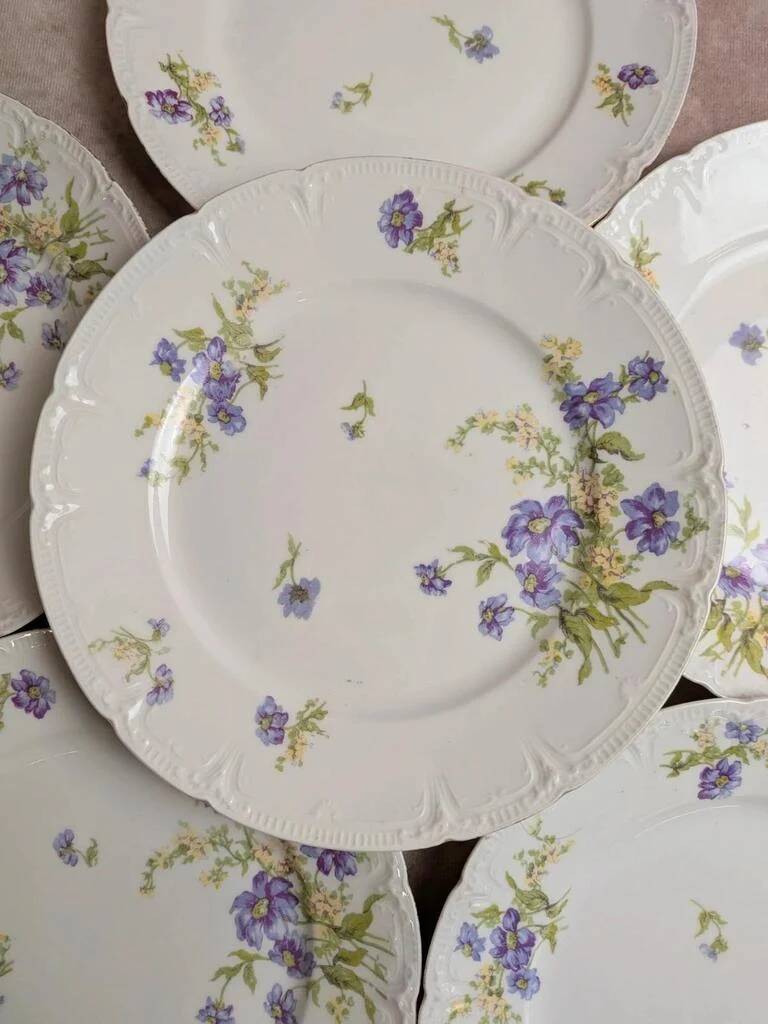 Set of 12 dessert plates in Limoges porcelain GDA France – floral design