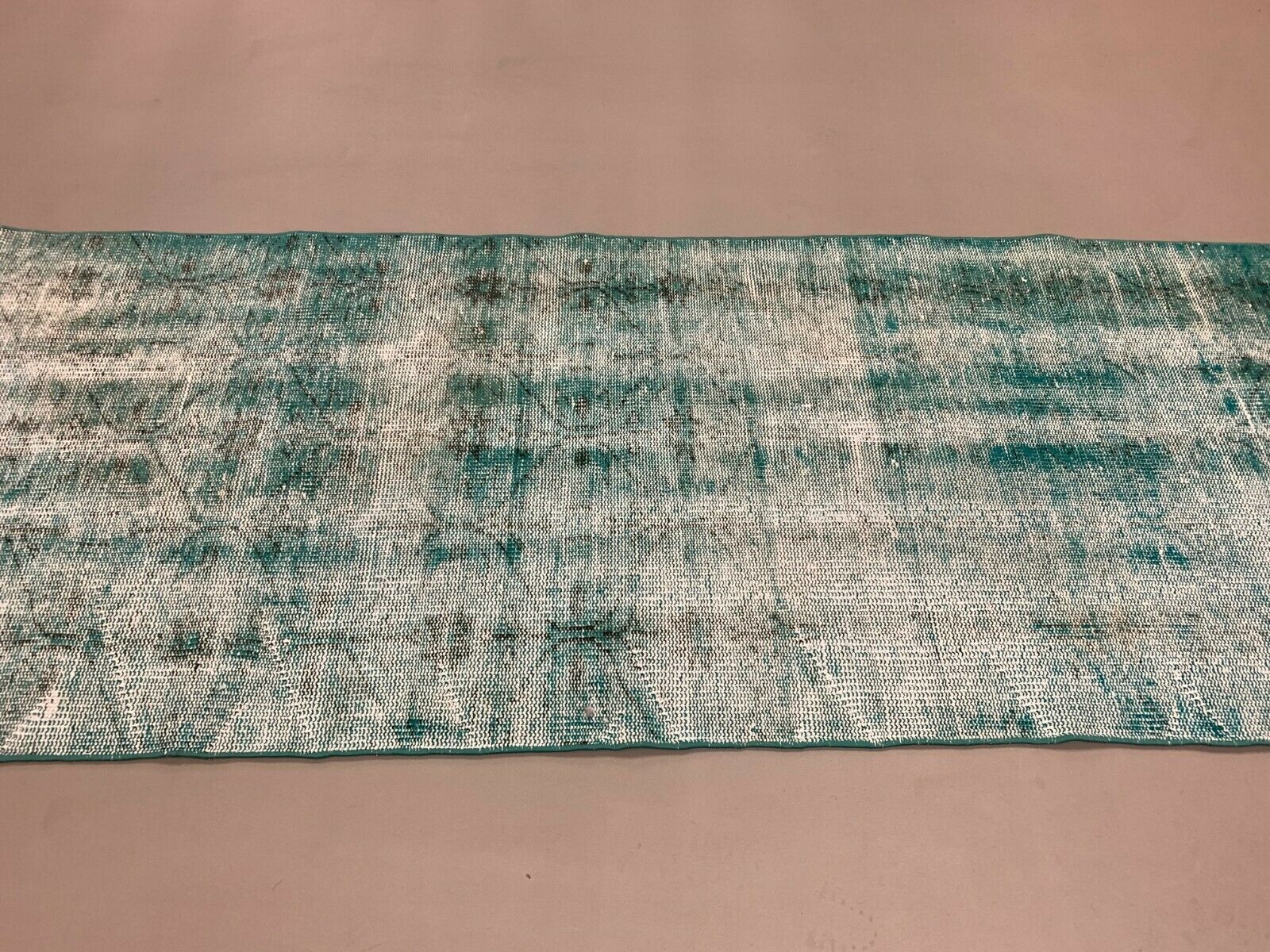 Distressed Turkish Narrow Runner 288x84 cm wool Vintage rug, Overdyed Green