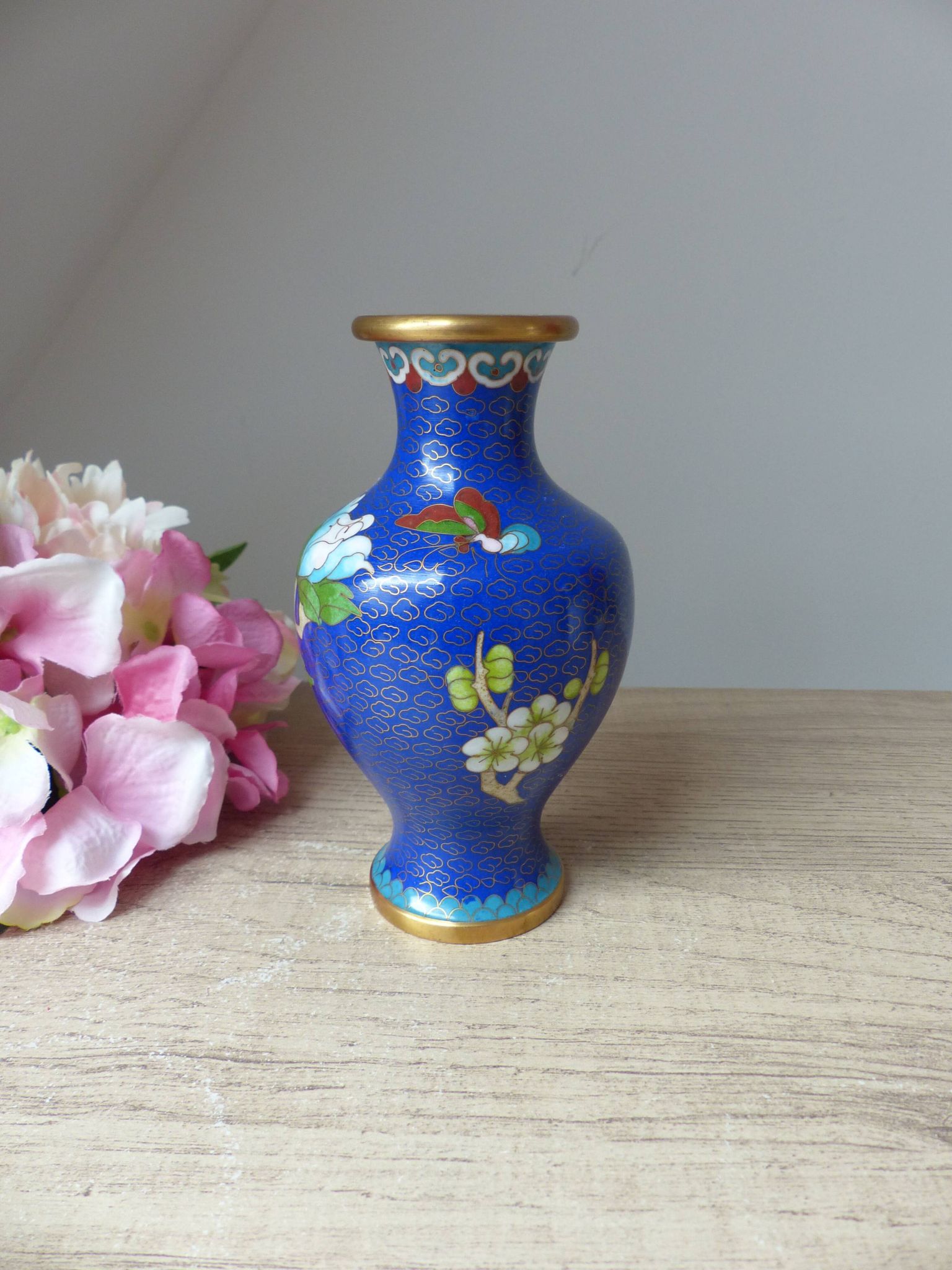 Old small blue cloisonné brass vase with pink peony flower motif