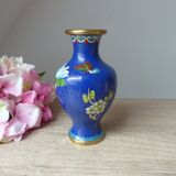 Ancien petit vase bleu en laiton cloisonné motif fleurs pivoine rose