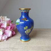 Old small blue cloisonné brass vase with pink peony flower motif