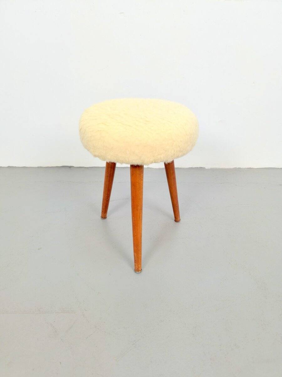 Vintage Swedish Three Legged Sheepskin Stool, 1970