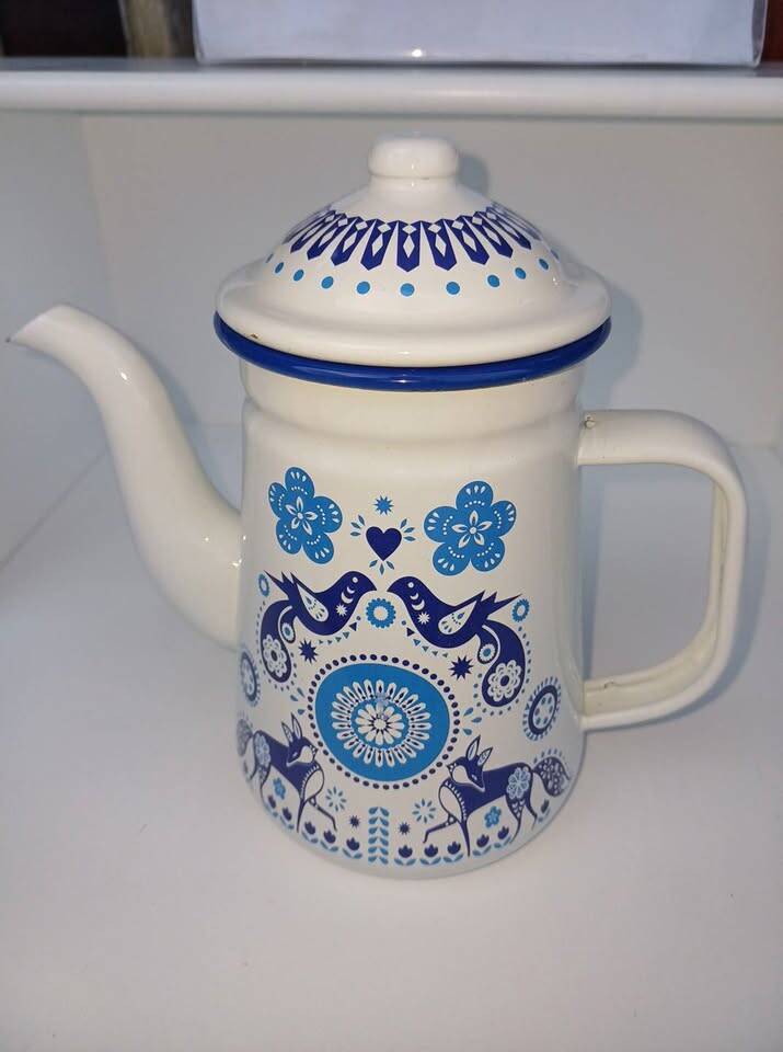vintage blue and white enamel coffee or teapot
