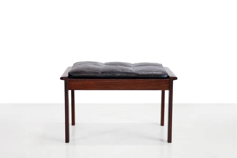 Footstool in solid wenge wood with black leather cushion, 1960