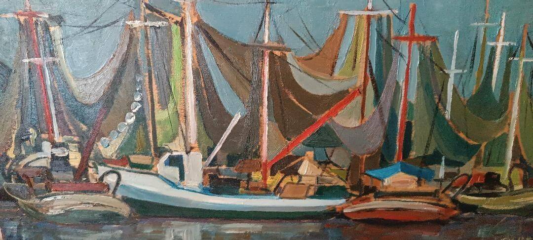 Oil painting on panel, seascape with boats - Signed, 50s/60s