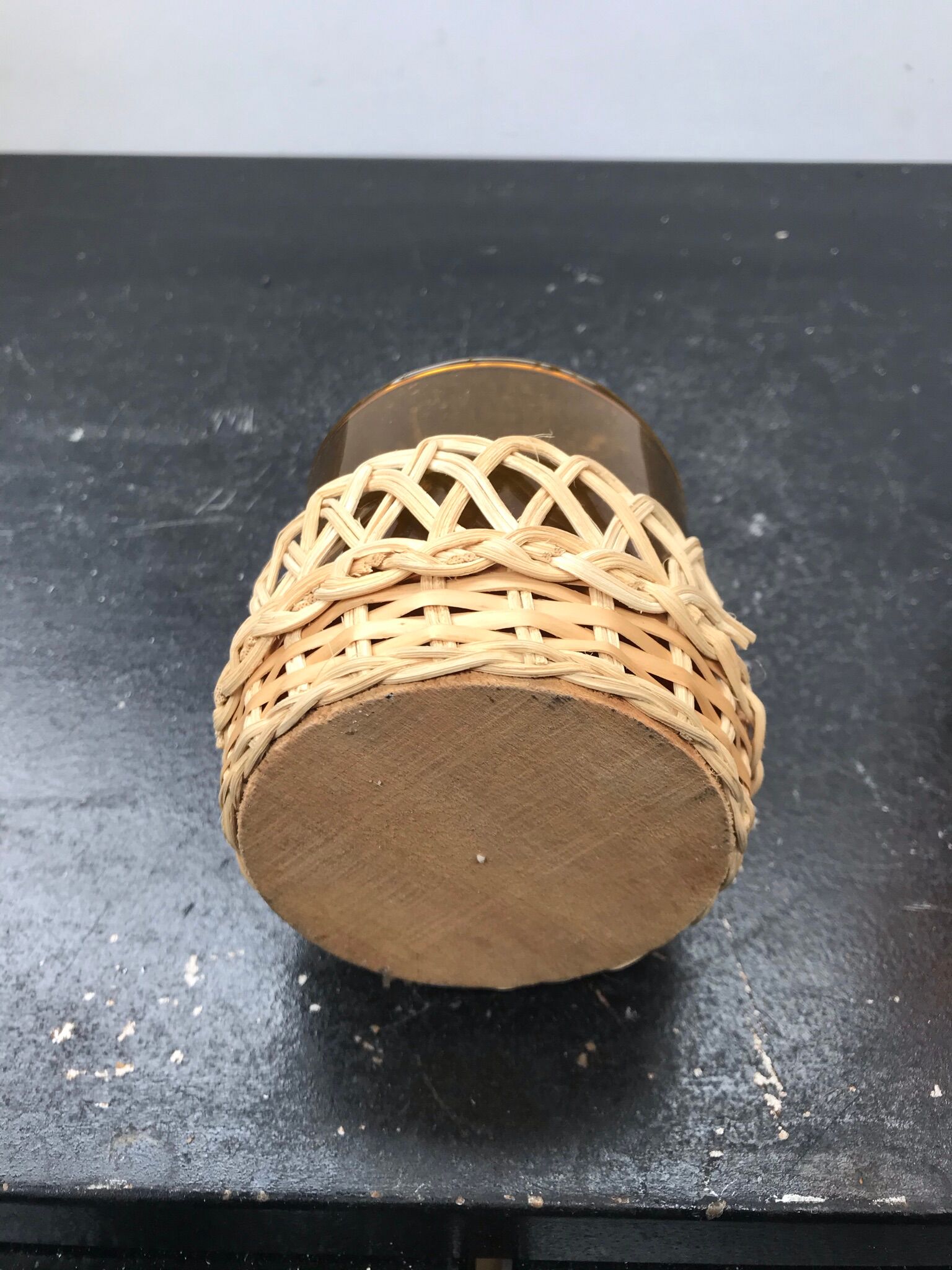 Carafe juice service with 4 orange blown glass glasses + vintage wicker