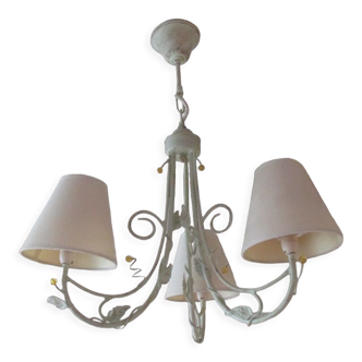 Lustre vintage, 3 feux, fer forgé et perles