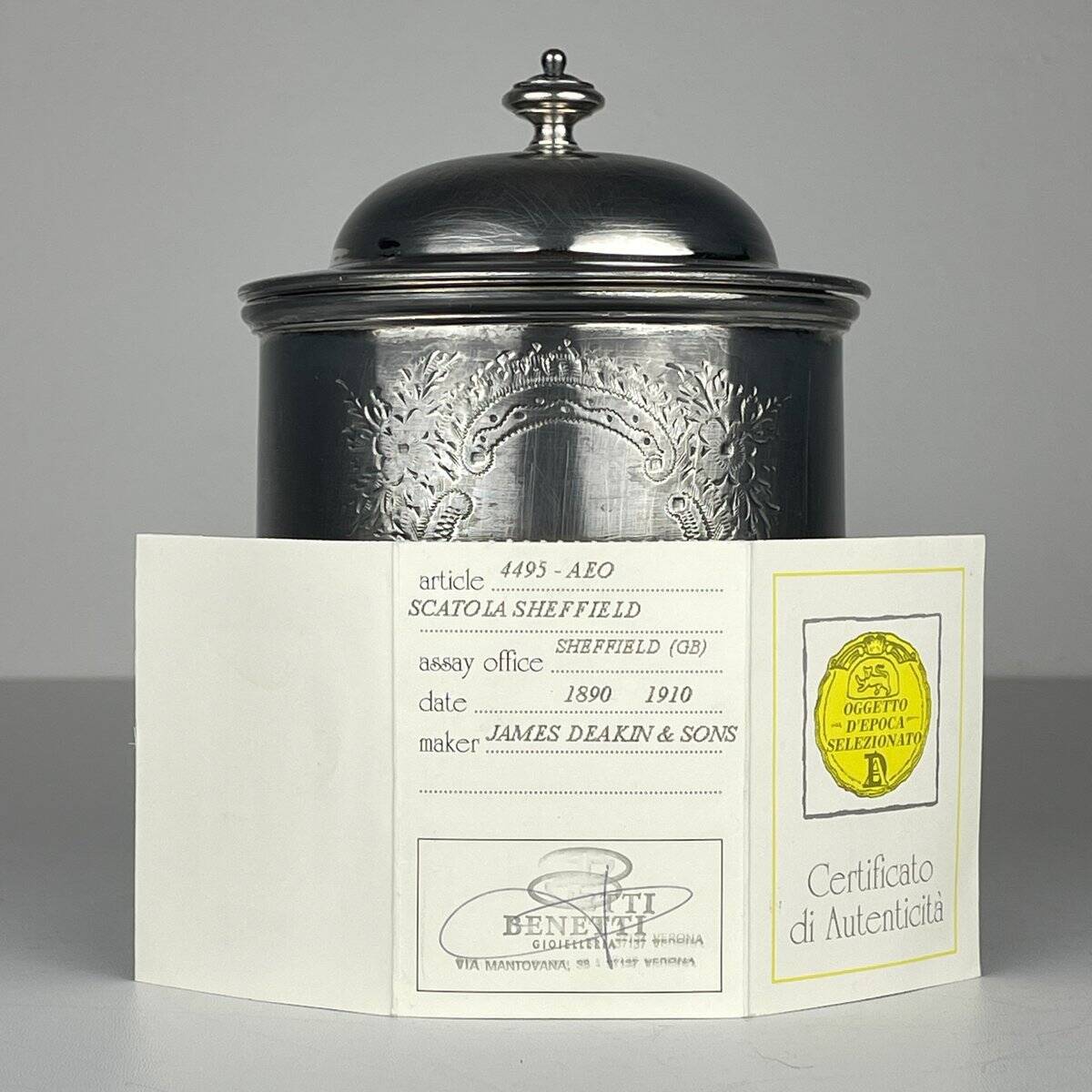 Antique silver biscuit box with silver plating by James Deakin & Sons, 1890s.