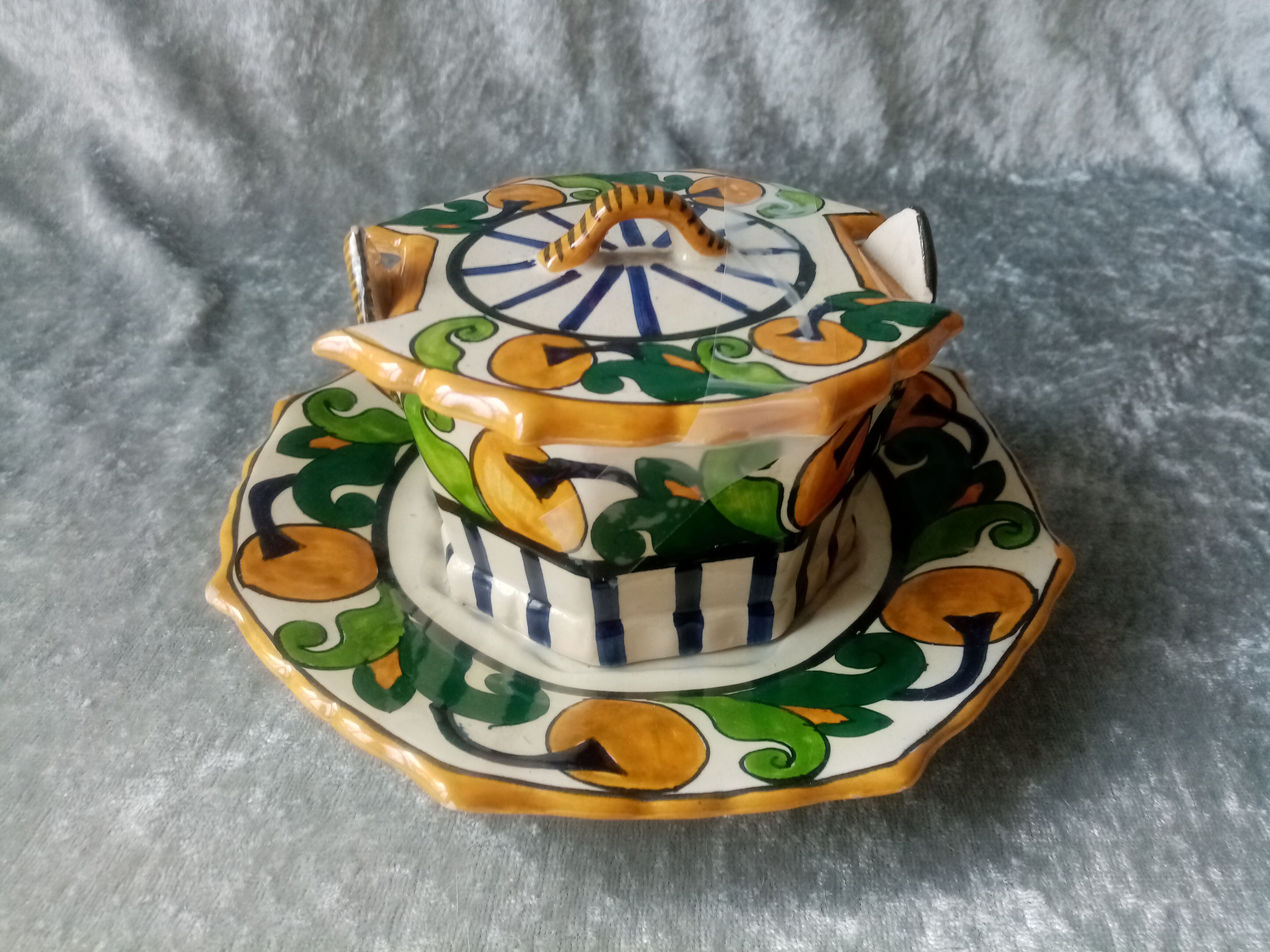 Old art deco butter dish in faience of quimper sign hb