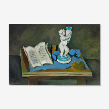 Still life with putto and open book,Expressive/Cubistic, Cyrillic