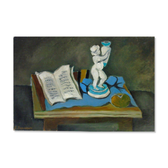 Still life with putto and open book,Expressive/Cubistic, Cyrillic