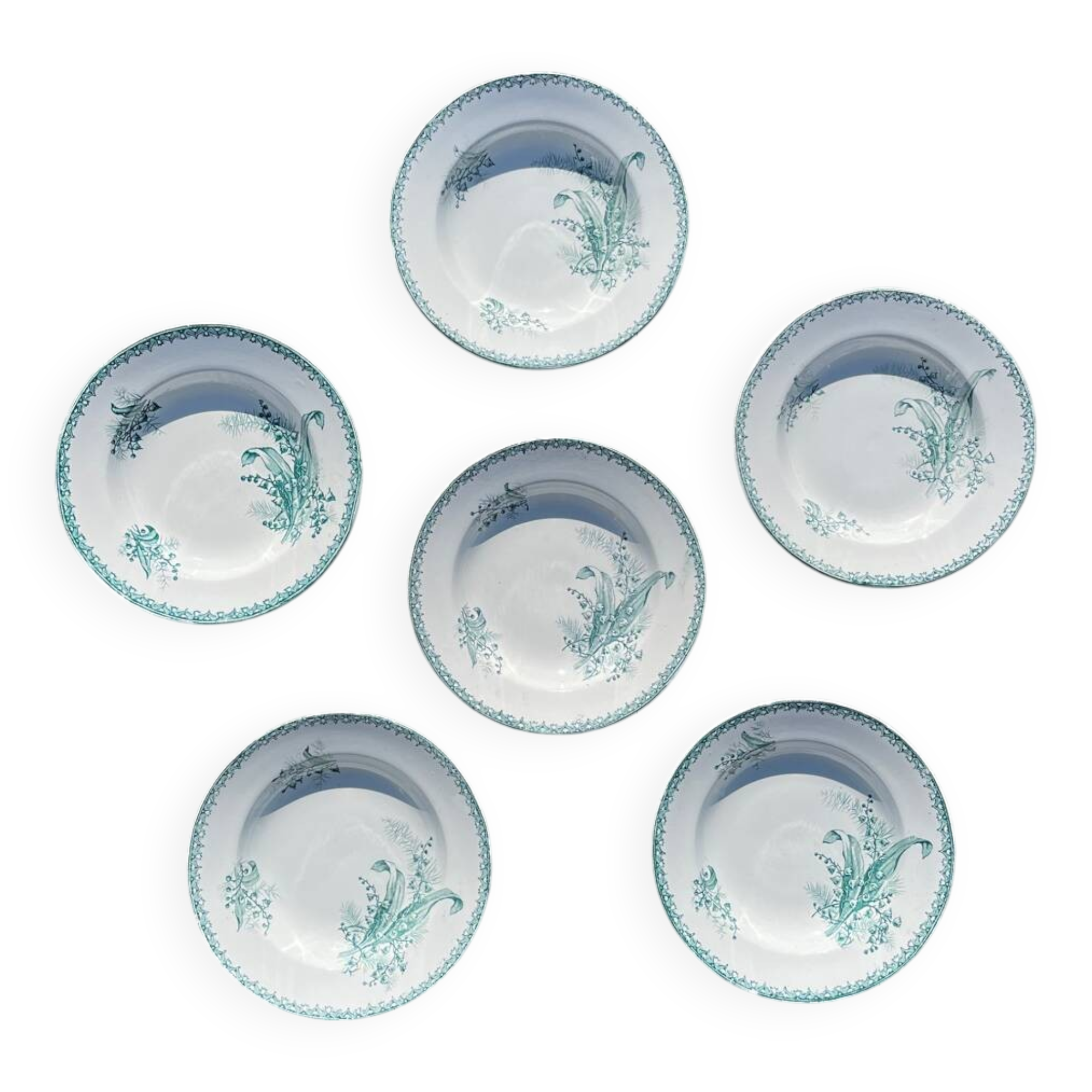 Set of 6 old Sainte Amandinoise earthenware plates with lily of the valley decor
