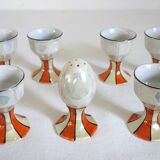 Vintage iridescent set of 6 egg cups, salt shaker, tray and pitchers