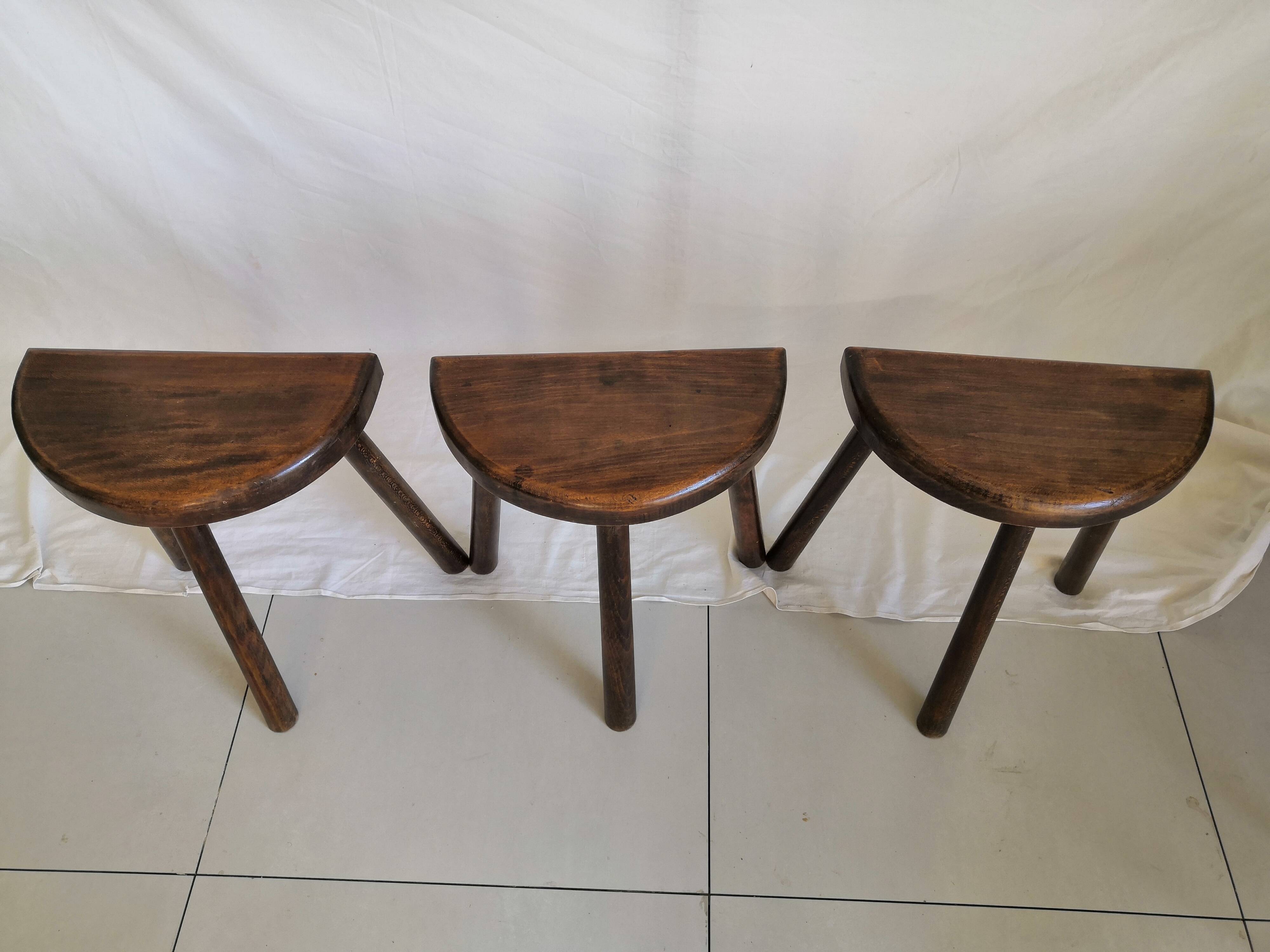 Trio of stools solid wood tripod brutal vintage brutalist
