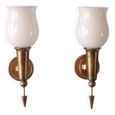 Pair of gold metal and white opaline wall sconces, wall light, sconce.
