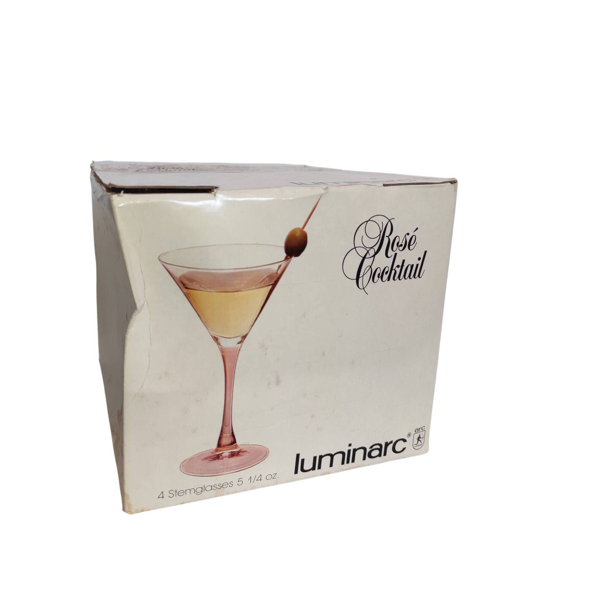 Set of 4 Luminarc Cocktail glasses with pink stems, original label from 1980.
