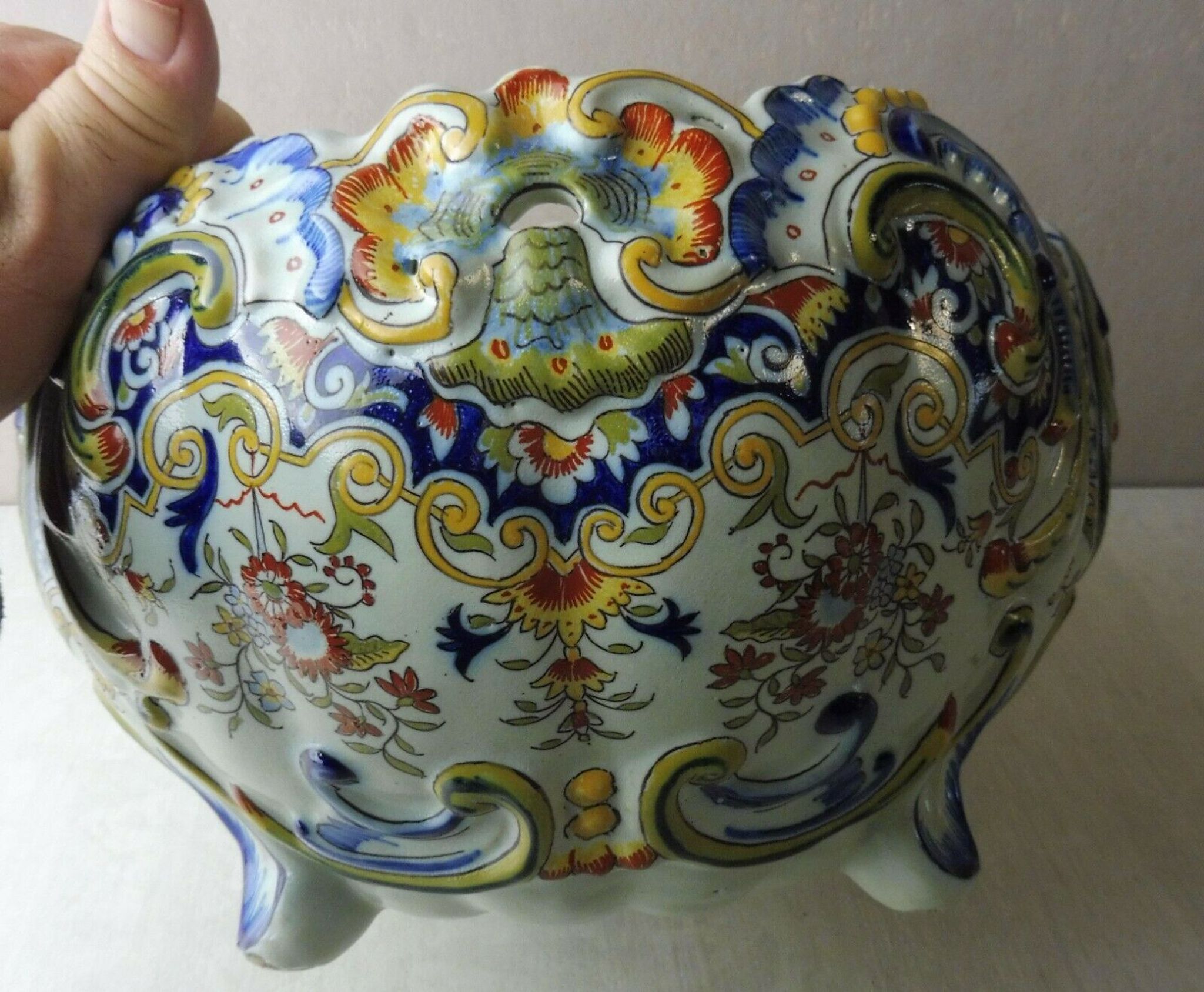 Old ceramic pot cover, decoration flowers, Rouen