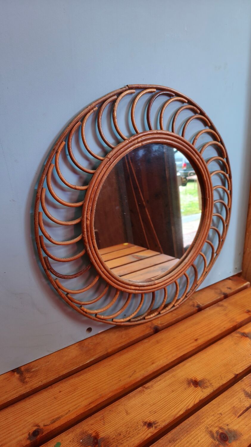 Vintage 1960s rattan sun mirror