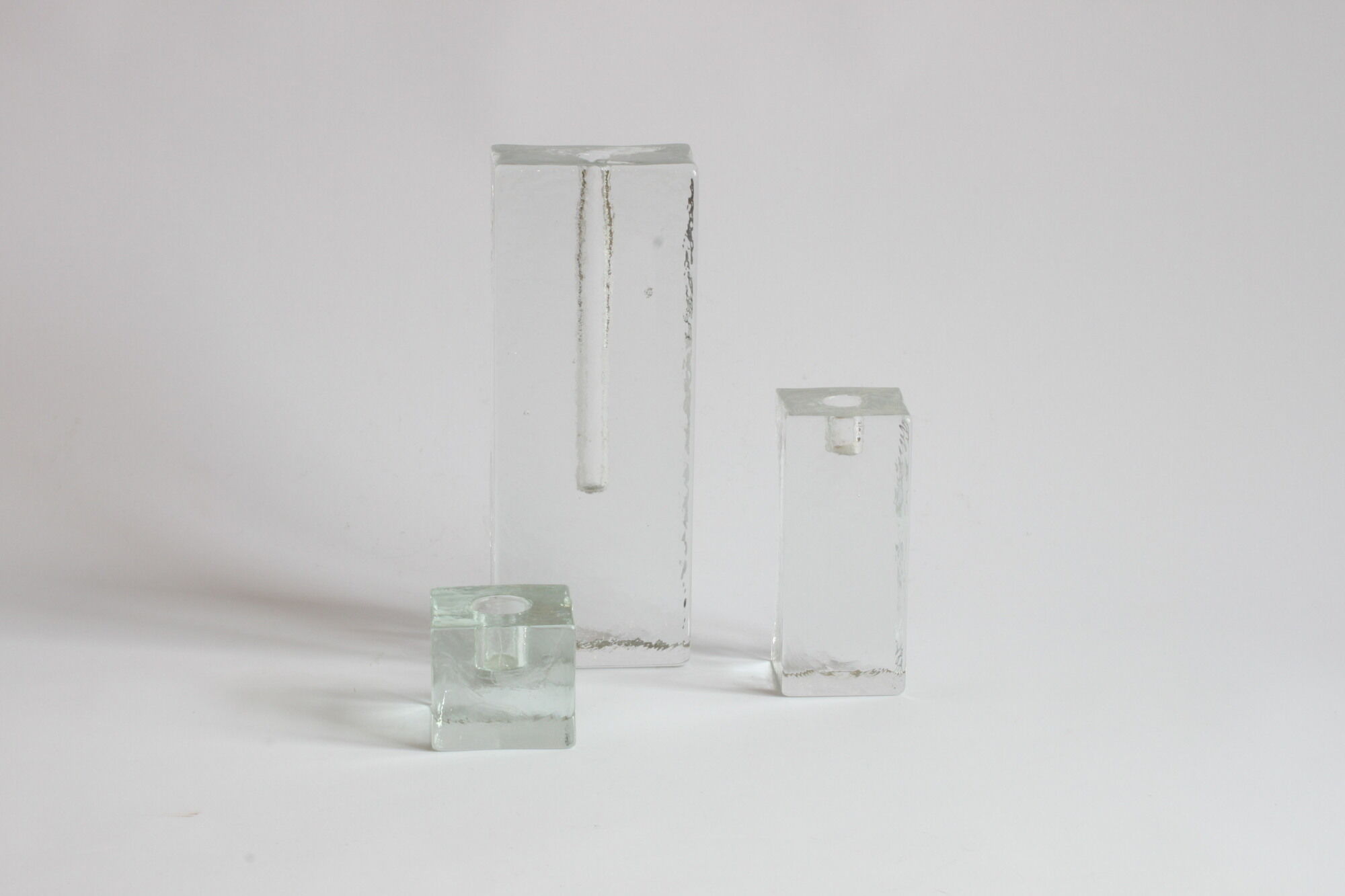 Glass block candlesticks and solifleur vase by Walther glass, Germany 1960s.