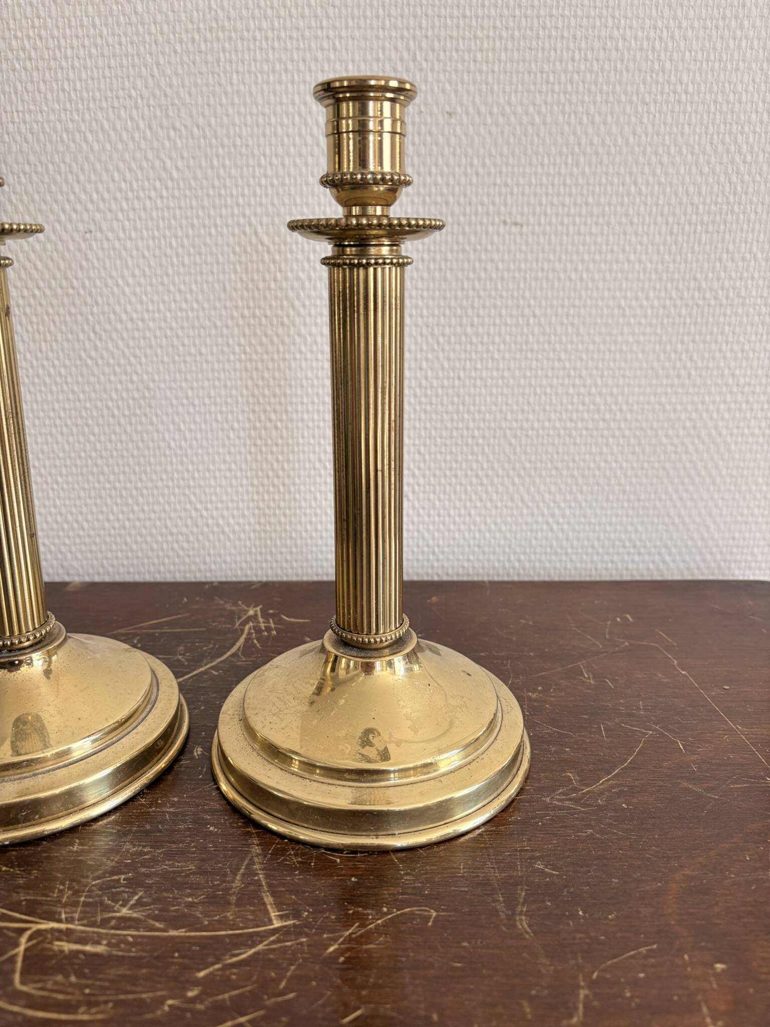 Antique Pair of Gilded Brass Candle Holders Empire Column Louis XVI Villedieu