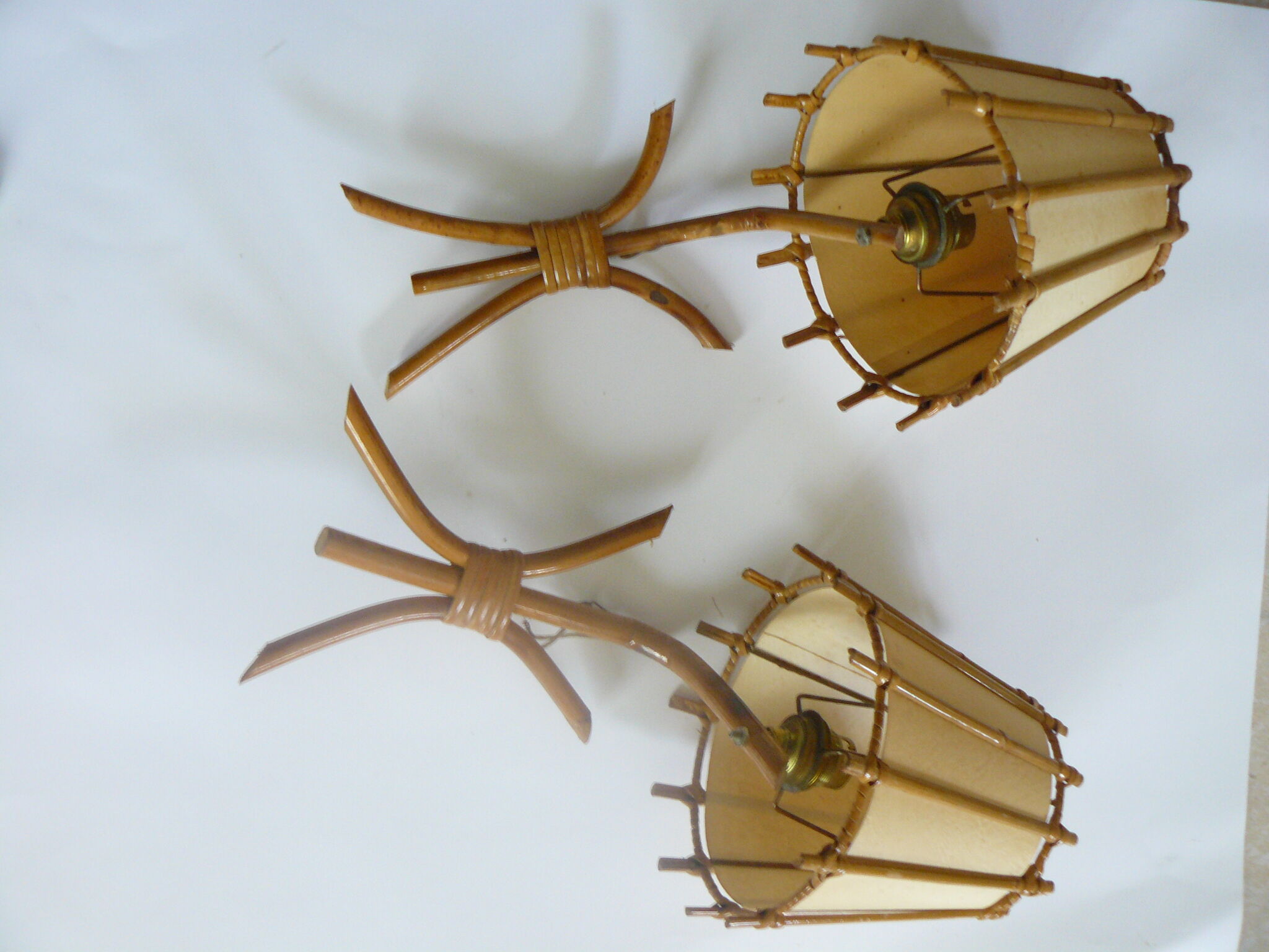 Pair of vintage rattan wall lamps with lampshade