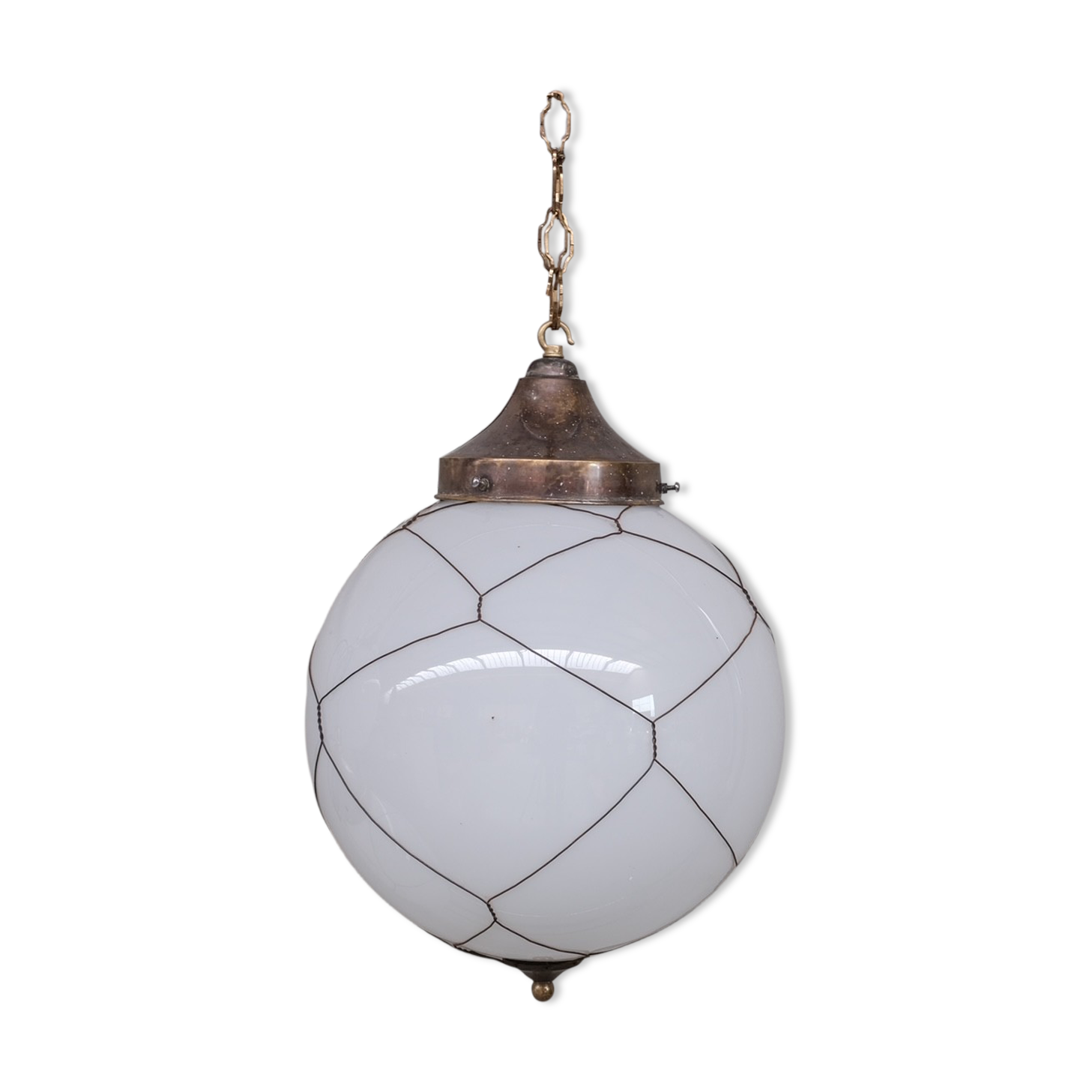 Opaline and brass mid-century caged pendant