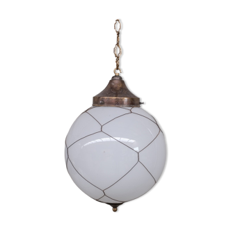 Opaline and brass mid-century caged pendant