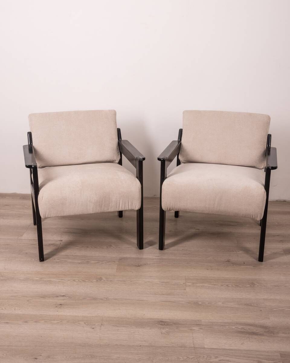 Pair of vintage 80's armchairs in wood and fabric italian design