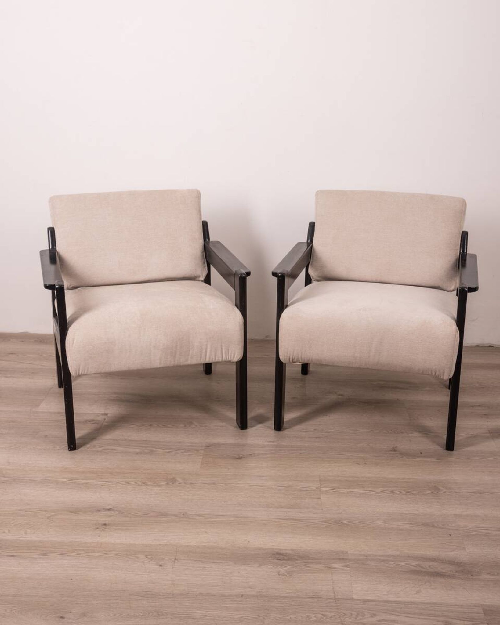 Pair of vintage 80's armchairs in wood and fabric italian design