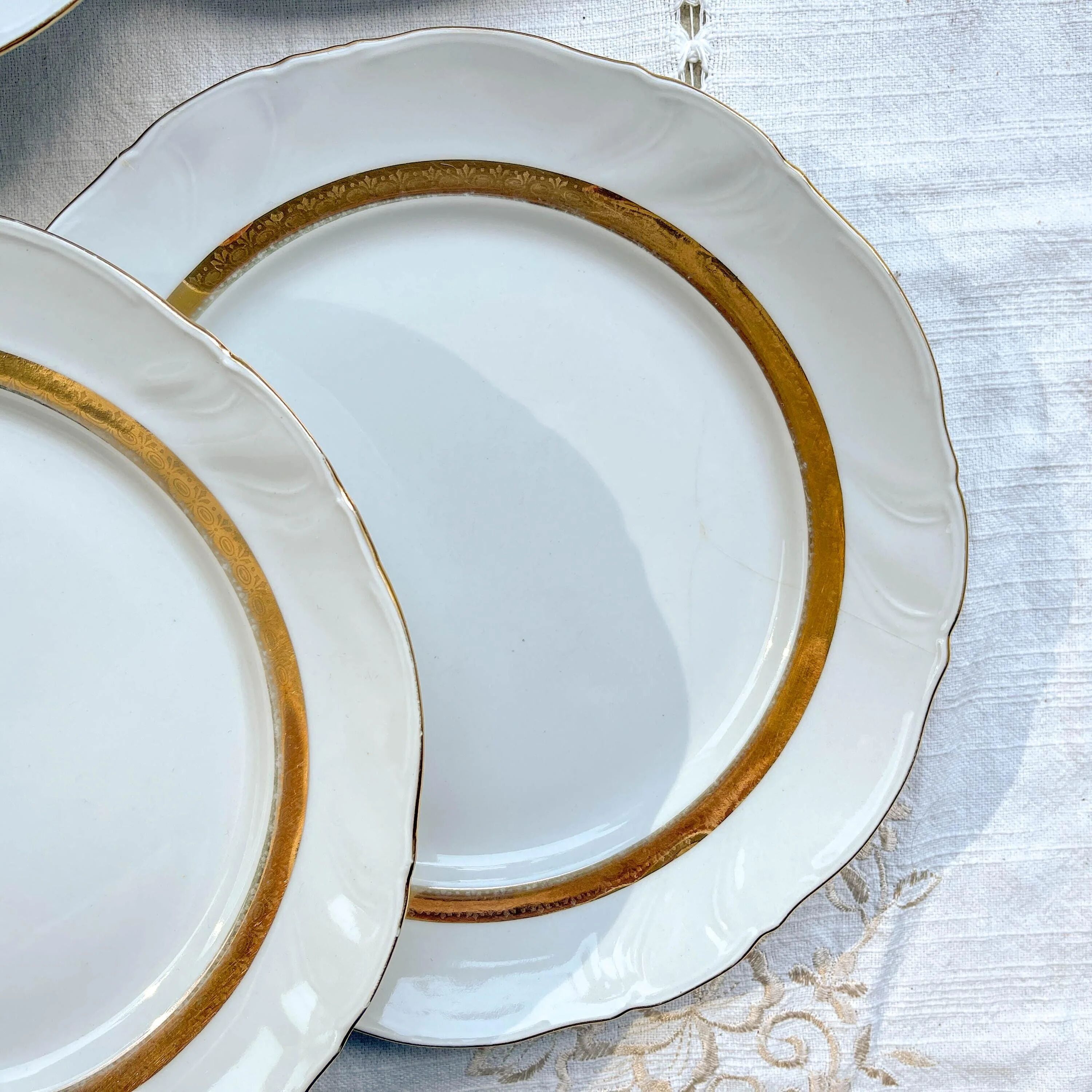 6 Vintage White and Gold Porcelain Dinner Plates Limoge France ADP "Ariane" - Elegant Antique French Tableware