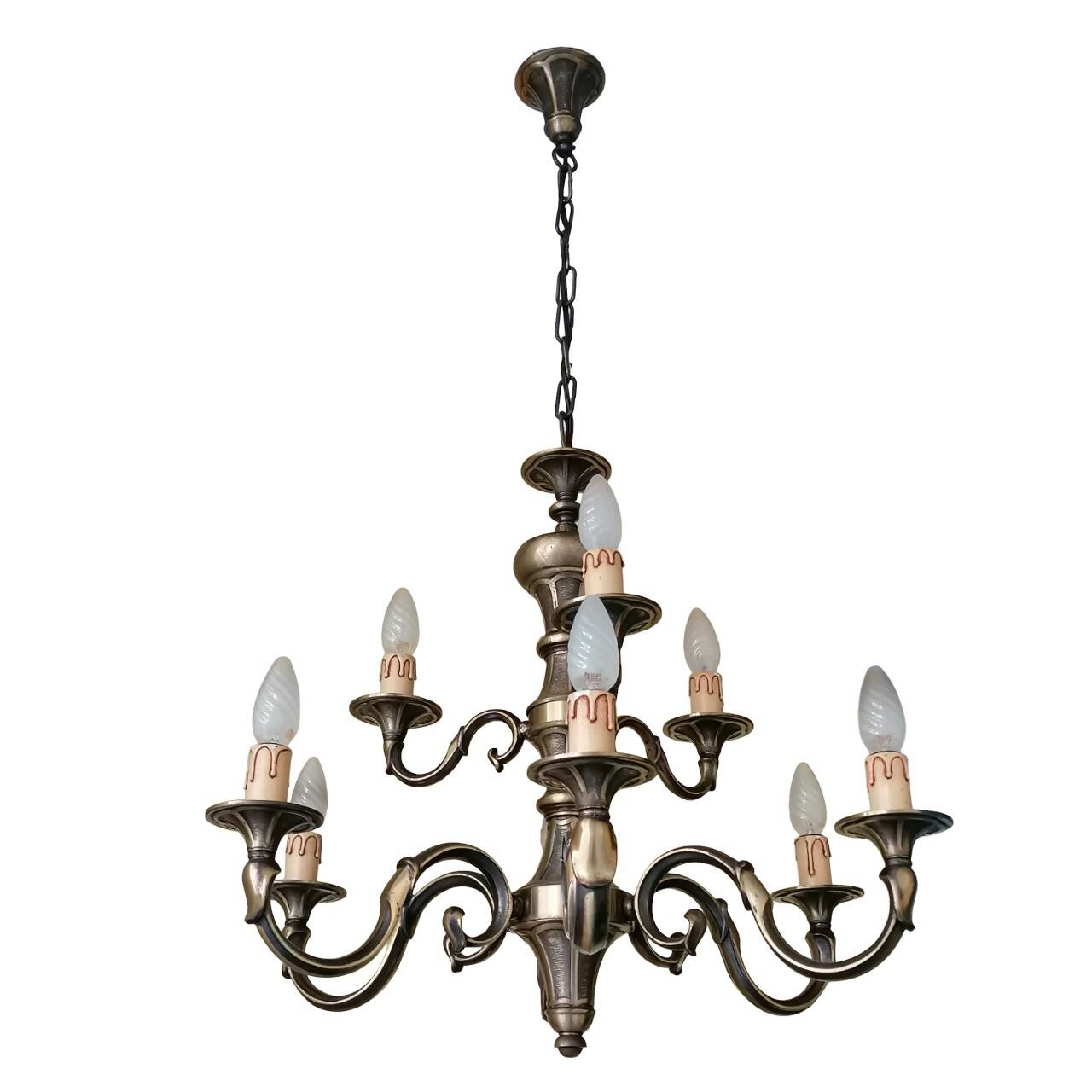 Lampadario vintage a nove luci in ottone, anni '50