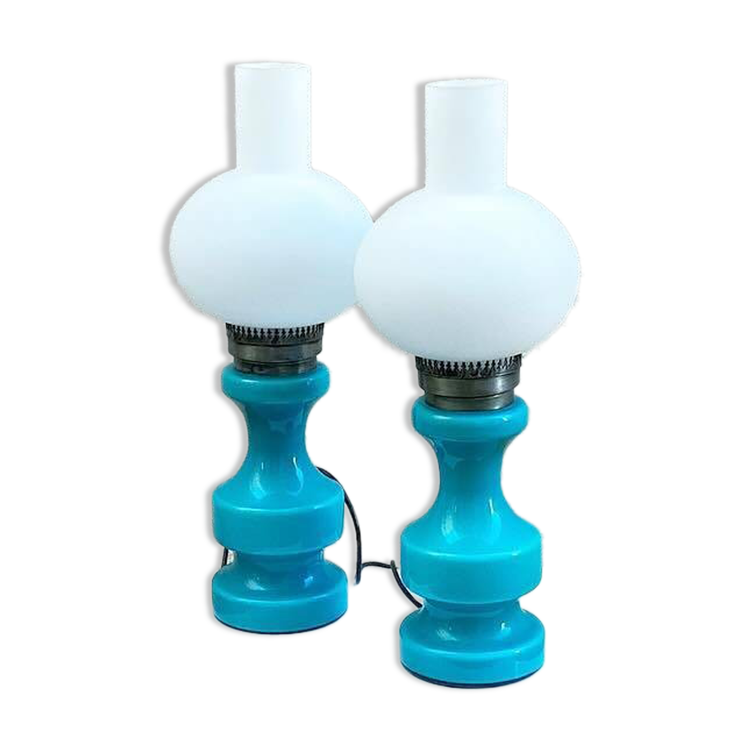 Pair of vintage turquoise blue opaline lamps